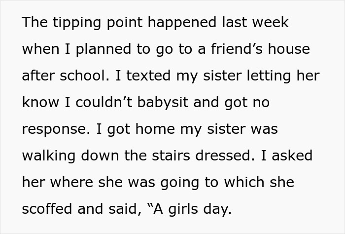 Text describing a teenager's plan to avoid babysitting, facing backlash from sister on social media.