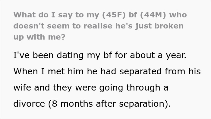 Text about a couple's breakup misunderstanding; boyfriend unaware he's ended relationship by expressing desire for kids. Text about a couple's breakup misunderstanding; boyfriend unaware he's ended relationship by expressing desire for kids.