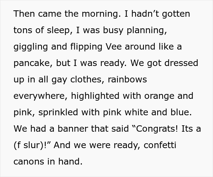 Text describing a colorful coming-out celebration with rainbow attire and a controversial banner.