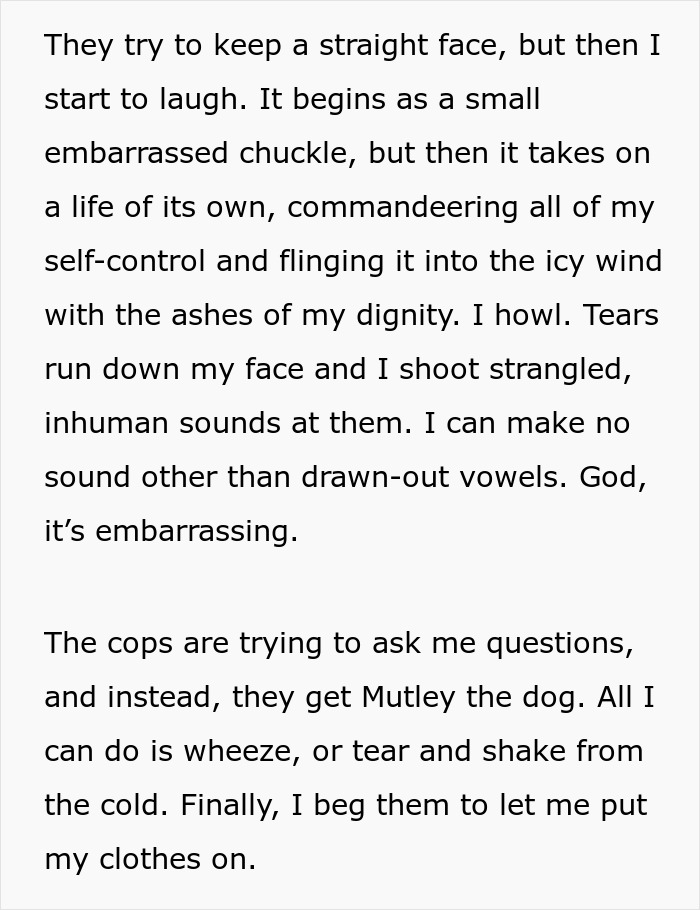 Text describing a woman's emotional reaction and police interaction during an insulin quest.