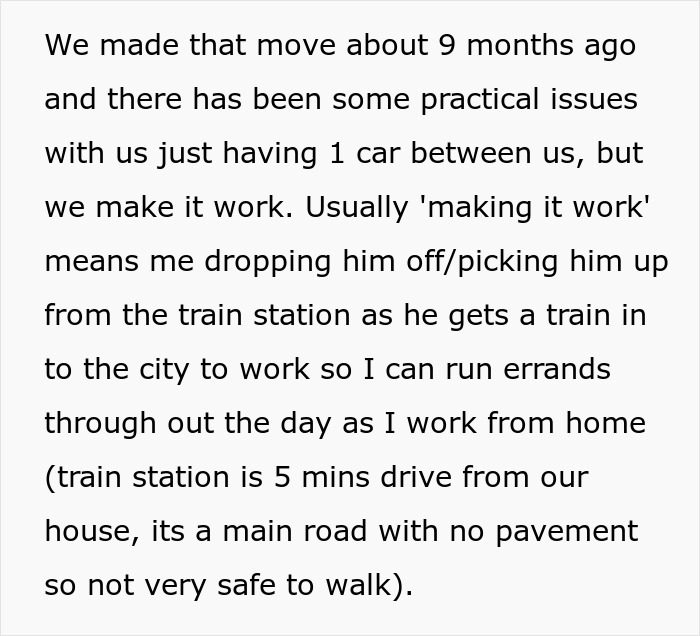 Text discussing couple's one-car situation, practical issues, and transportation arrangement to city for work. Text discussing couple's one-car situation, practical issues, and transportation arrangement to city for work.