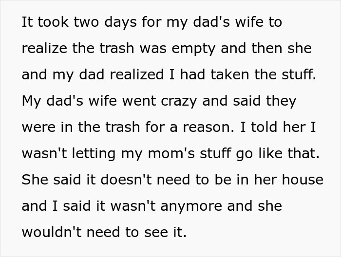 Text recounting drama after a woman is accused of stealing her late mom's belongings from the trash.