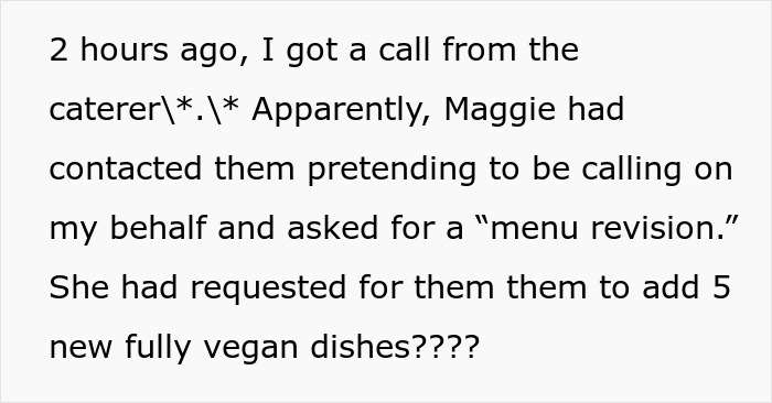 Text exchange about wedding menu changes for vegan dishes.