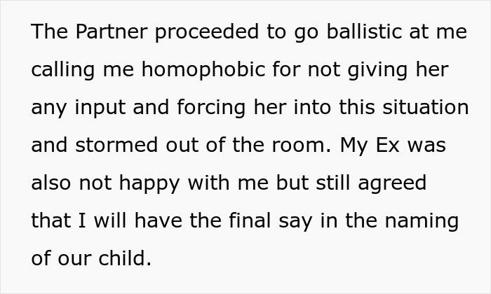 Text excerpt about a partner's reaction to a disagreement over naming a baby.