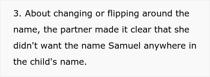 Text discussing a woman's preference against naming her partner's baby Samuel.
