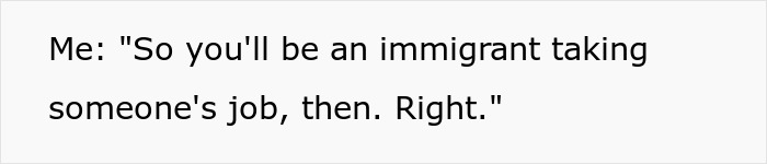 Text response about immigrant jobs during a conversation.