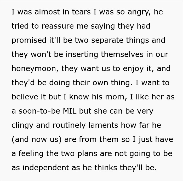 Text about a bride-to-be worried her future in-laws will join their honeymoon.