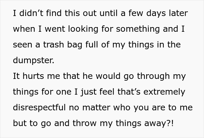 Text about a boyfriend disrespecting sentimental items, found in a trash bag. Text about a boyfriend disrespecting sentimental items, found in a trash bag.