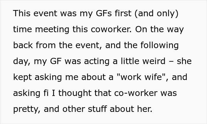 Text message discussing GF testing BF's loyalty, mentions "work wife" and questions about a coworker.