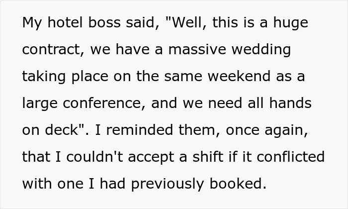 Text screenshot about workplace conflict involving shift scheduling and a boss's request.