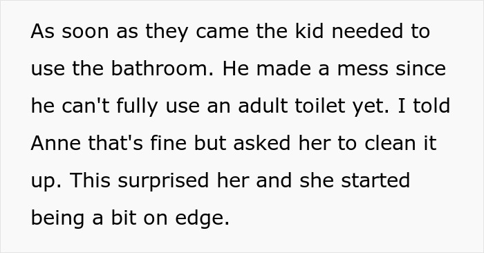 Text from a "D&D night" about a toddler causing a bathroom mess, with a woman's surprised reaction to clean up. Text from a "D&D night" about a toddler causing a bathroom mess, with a woman's surprised reaction to clean up.