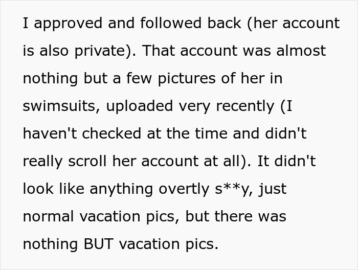 Text detailing a girlfriend's test of her boyfriend's loyalty using a fake Instagram account.