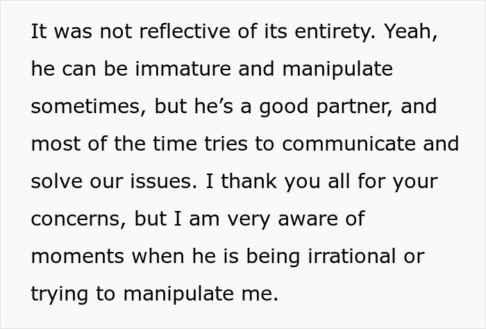 Text discussing boyfriend confrontation, addressing manipulation and communication issues in a relationship.