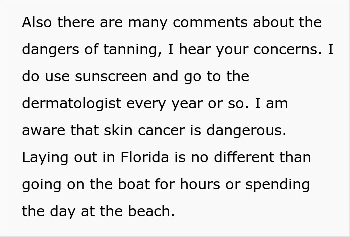 Text discussing tanning concerns and sunscreen, mentioning skin cancer and sun exposure in Florida. Text discussing tanning concerns and sunscreen, mentioning skin cancer and sun exposure in Florida.
