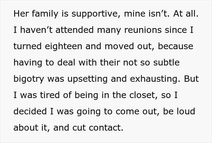 Text image discussing coming out to a homophobic family, expressing decision to be open and cut contact.