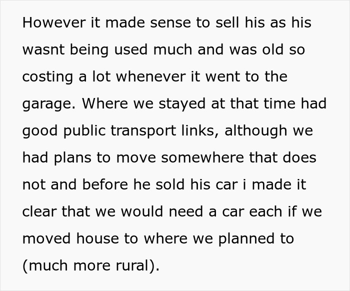 Text discussing a woman's perspective on car bills and public transport after moving. Text discussing a woman's perspective on car bills and public transport after moving.