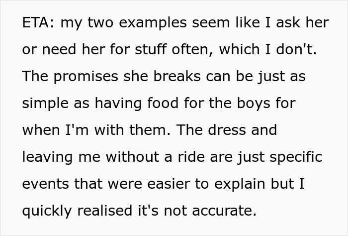 Text section discussing boundary setting with a sister over babysitting and unfulfilled promises.