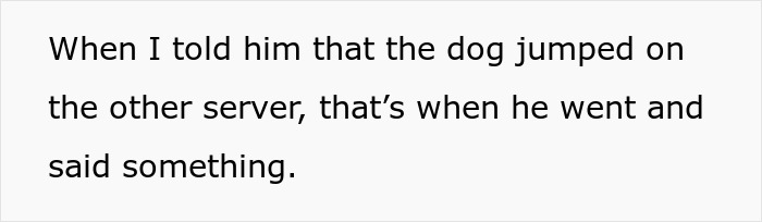 Text screenshot about a dog jumping on another server, related to fake service dogs.