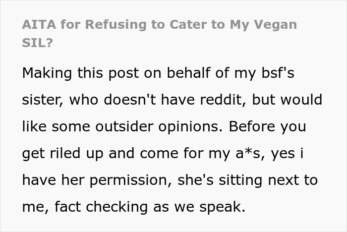 Text image discussing a person seeking opinions about catering to a vegan sister-in-law for a wedding menu.