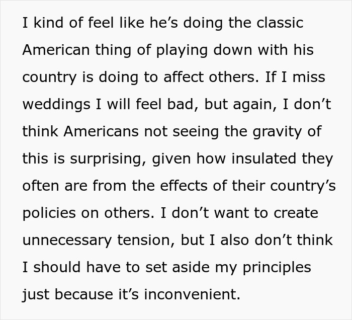 Text discussing reluctance to visit boyfriend's American family due to U.S. tariffs and political jokes.