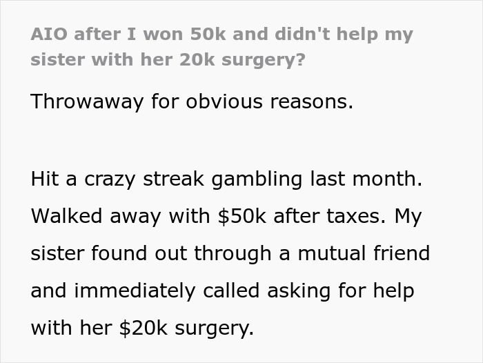 Text discussing a sister demanding 20K for surgery after a sibling's gambling win.