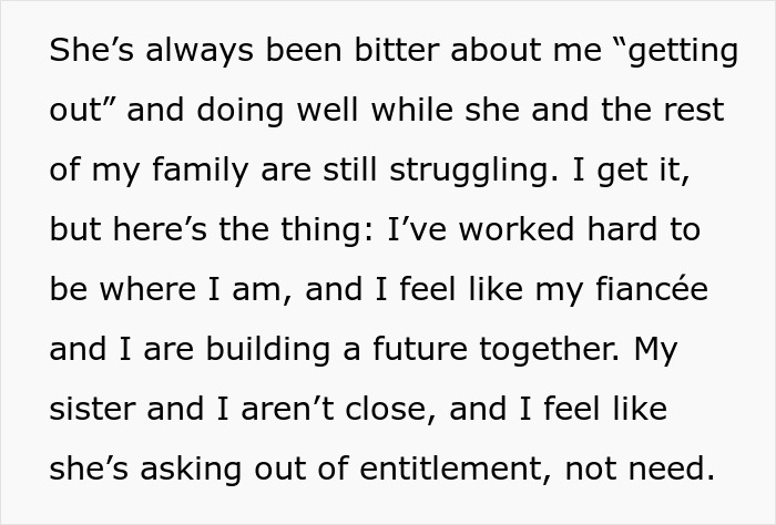 Text expressing man's refusal to financially support sister's college, focusing on building a future with his fiancée instead. Text expressing man's refusal to financially support sister's college, focusing on building a future with his fiancée instead.