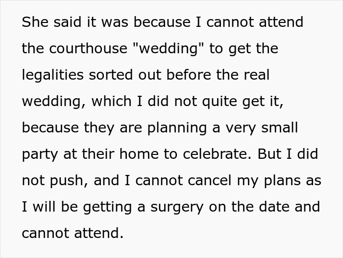 Text about wedding preparation and attending issues due to surgery plans. Text about wedding preparation and attending issues due to surgery plans.