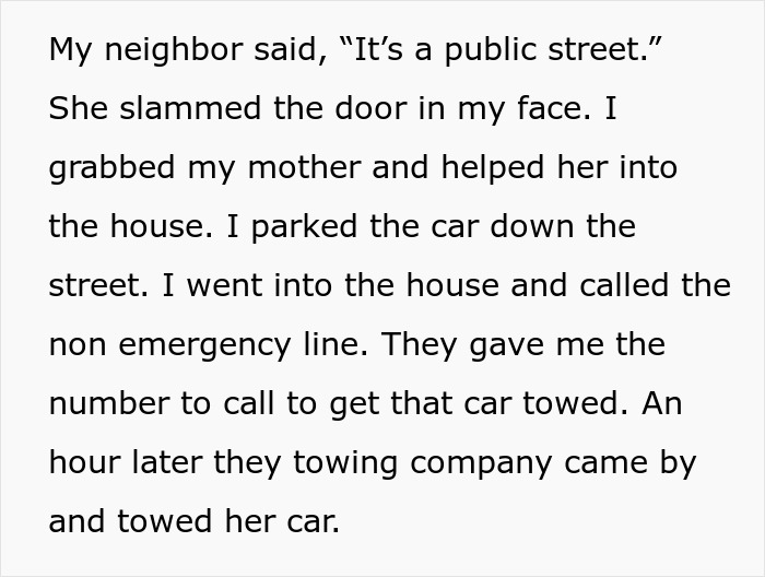 Text story of a neighbor parking in a disabled dedicated spot, resulting in the car being towed.