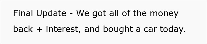 Final update text about loan repayment with interest, leading to car purchase.