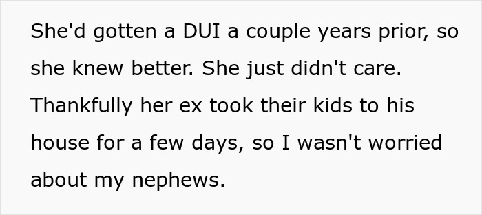 Text about a woman driving under the influence, with reference to her prior DUI and her ex caring for their children.