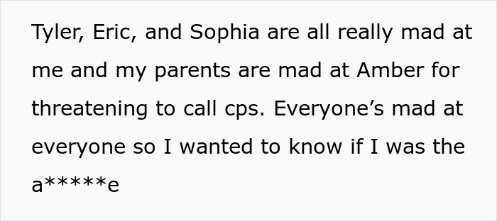 Text excerpt discussing family conflict over a threat to involve CPS regarding teen's hearing aids and glasses.