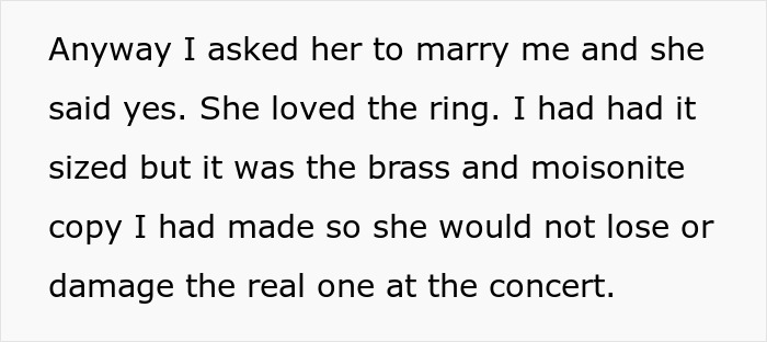 Engagement ring swap story text: brass and moissanite copy made to protect real ring from loss or damage.
