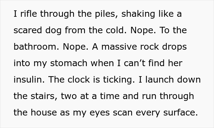 Text describing a frantic search for insulin, mentioning piles, bathroom, ticking clock, and scanning every surface.