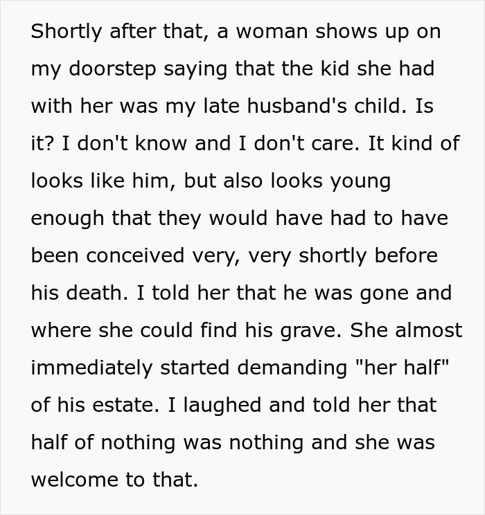 Text describing a woman refusing to share money with her late husband's alleged affair child.