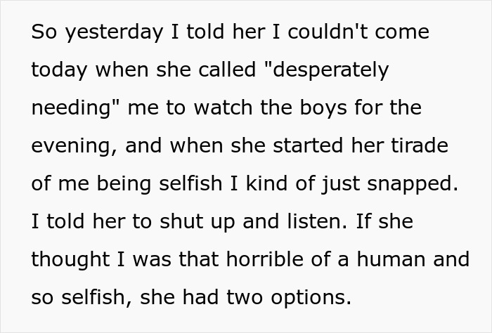 Text conversation showing a woman setting boundaries over unpaid babysitting requests.