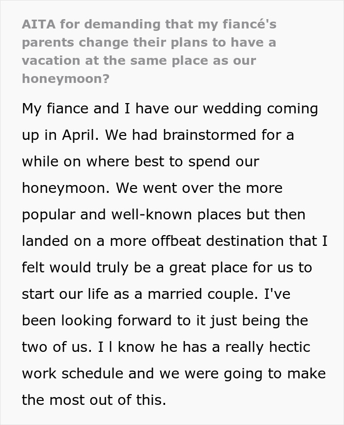 Bride upset about in-laws' vacation plan overlapping with honeymoon, seeking advice on changing their plans.