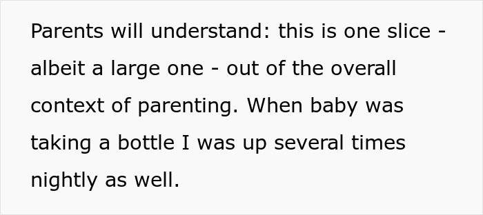Text about parenting challenges, discussing nightly bottle feeding and understanding sleepless nights.
