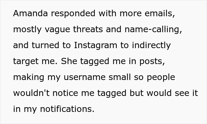 Text about a woman using Instagram to target someone indirectly, mentioning emails, threats, and tagging.
