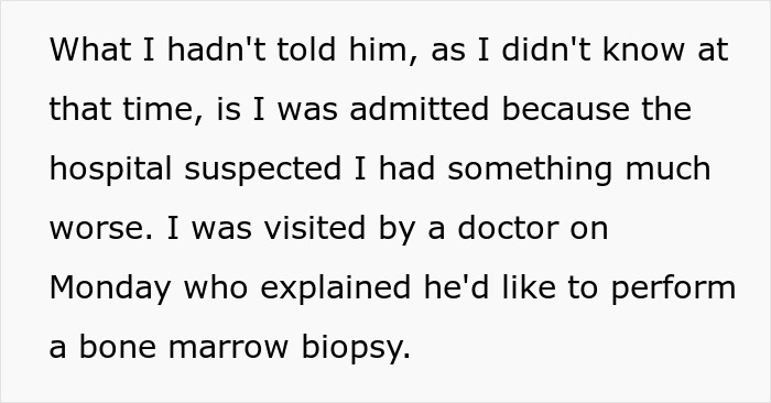Text discussing hospital admission for suspected serious illness, mentioning bone marrow biopsy. Text discussing hospital admission for suspected serious illness, mentioning bone marrow biopsy.