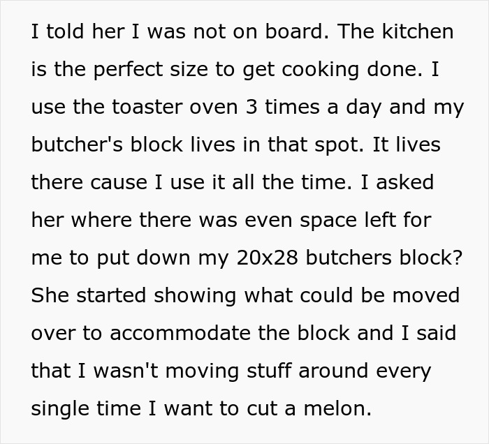 Text conversation about kitchen space and a butcher's block, emphasizing cooking needs. Text conversation about kitchen space and a butcher's block, emphasizing cooking needs.