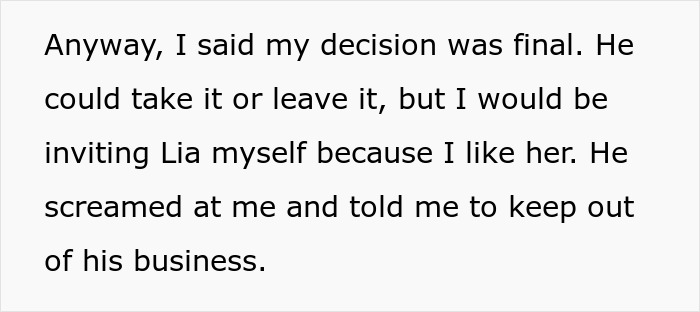 Text from an article about a bride's reaction to her brother's +1 choice for her wedding.