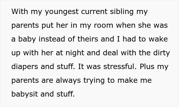 Text describing a family situation about sibling care stress, highlighting a frustrated perspective on babysitting duties. Text describing a family situation about sibling care stress, highlighting a frustrated perspective on babysitting duties.