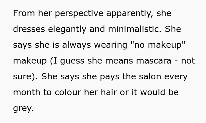 Text discussing a woman's elegant, minimalistic style and hair coloring routine. Text discussing a woman's elegant, minimalistic style and hair coloring routine.