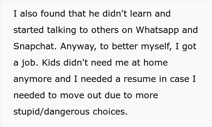 Text from a Reddit post discussing a husband and the option to quit a job or face divorce.