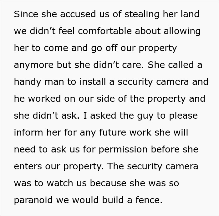 Text describing a neighbor's conflict involving a security camera installation due to fence concerns, mentioning OCD.