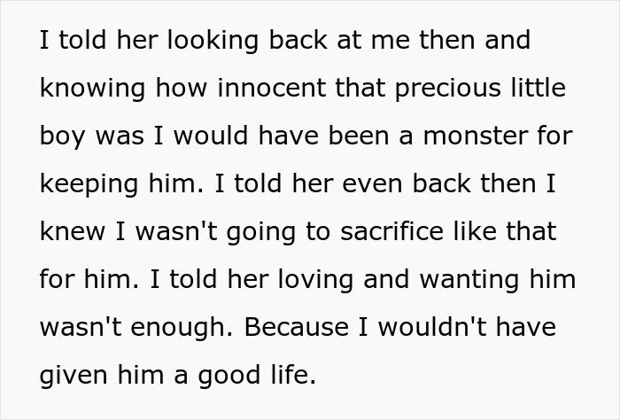 Text discussing a woman&rsquo;s thoughts on adoption and her decision for her baby's future.