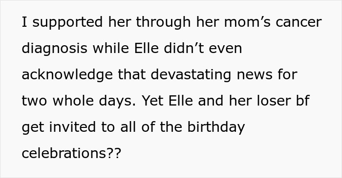 Text expressing frustration over unequal treatment in family events. Text expressing frustration over unequal treatment in family events.