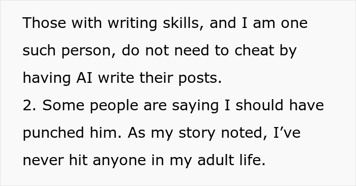 Text discussing writing skills and a personal story about not using AI to write posts or resorting to violence.