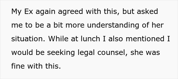 Text reads: Ex agrees but requests understanding, father mentions seeking legal counsel during lunch conversation.