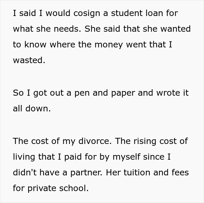 Text detailing university funds spent on divorce, living costs, and private school tuition.